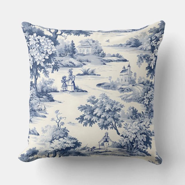 Coussin Toile de jouy, bleu et blanc, porcelaine, (Recto)