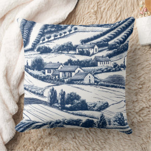 Coussin Toile de Jouy Bleue Classique Paysage Pastoral Vin