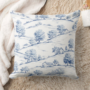 Coussin Toile de Jouy Bleue Élégante Scènes Pastorales Fra