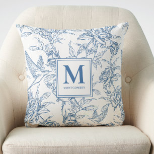 Coussin Toile de Jouy bleue française monogramme nom