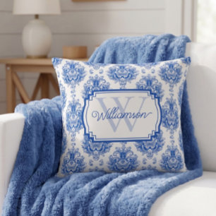 Coussin Toile de Jouy Bleue Française Motif Damassé Nom Mo