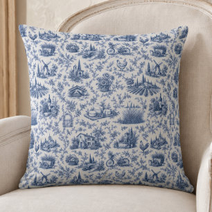 Coussin Toile de Jouy bleue motif branche de rose de campa