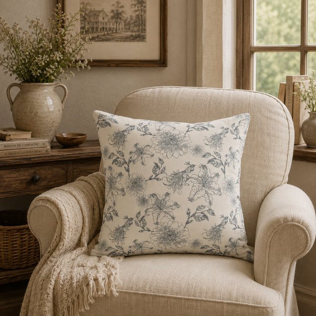 Coussin Toile de Jouy botanique oiseaux campagne rustique  (Créateur téléchargé)