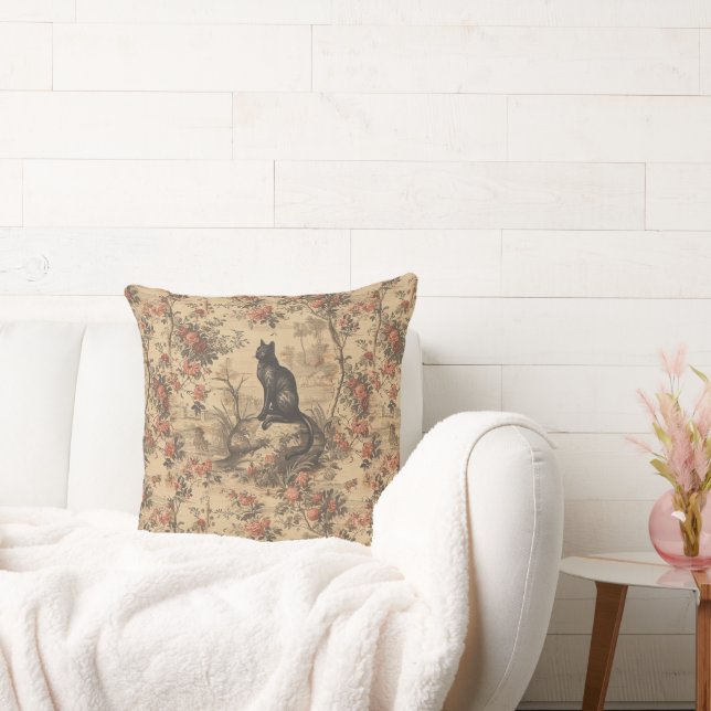 Coussin Toile de Jouy chinoise rouge damasquée chat (Canapé)