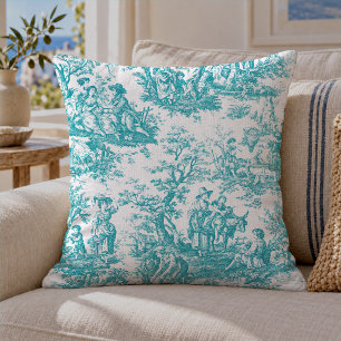Coussin Toile de Jouy élégante vintage sarcelle turquoise