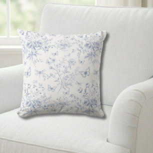 Coussin Toile de Jouy florale bleue 