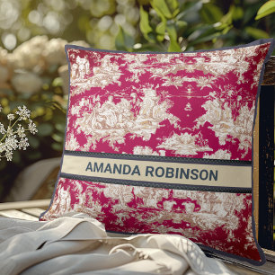 Coussin Toile de Jouy Florale Rouge Vintage Monogramme
