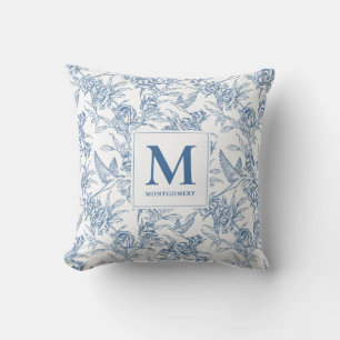 Coussin Toile de Jouy florale vintage bleue avec monogramm