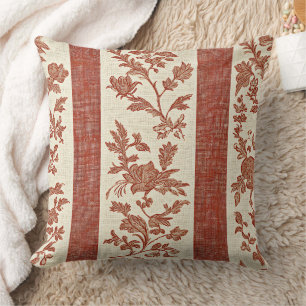Coussin Toile de Jouy florale vintage en rayure terracotta