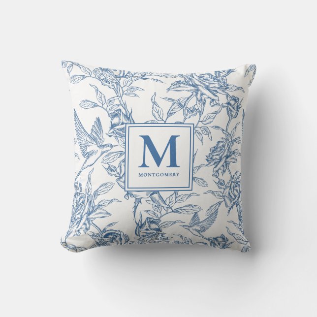 Coussin Toile de Jouy française bleue monogramme nom (Recto)