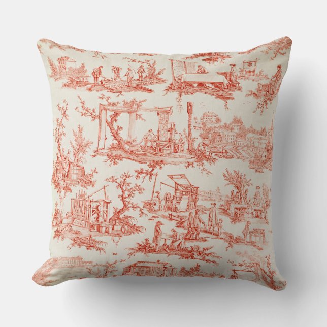 Coussin Toile de Jouy, illustrant les processus du manuf (Recto)