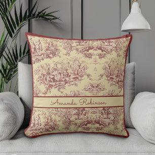 Coussin Toile de Jouy Monogram Lac Vintage Jaune Rouge