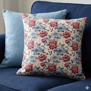 Coussin Toile de Jouy. Toile française. Roses bleues et ro