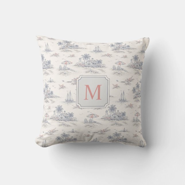 Coussin Toile de Jouy Tropicale Côtière Monogramme Nom (Recto)