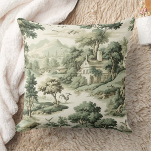 Coussin Toile de Jouy Verte Maison de Campagne Motif Villa