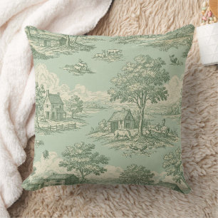 Coussin Toile de Jouy verte pastorale Scène de campagne Fe