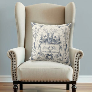 Coussin Toile de Jouy vintage française campagne bleue Ois