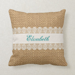 Coussin Toile de jute avec la dentelle sensible -