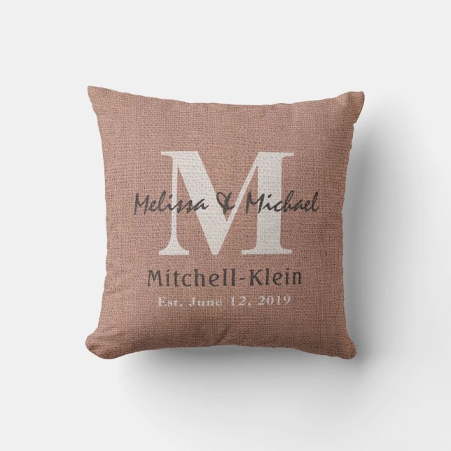 Coussin Toile de jute de Faux de monogramme de mariage de (Recto)