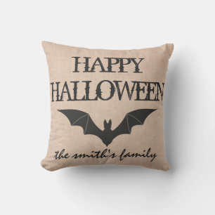 Coussin Toile de jute heureuse de batte de des bonbons ou