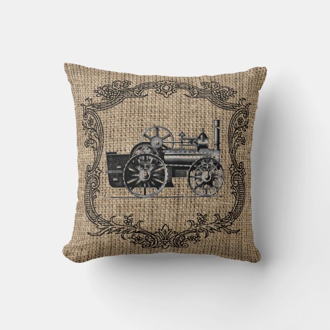 Coussin Toile de jute locomotive vintage (Recto)
