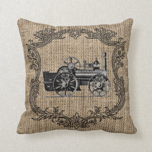 Coussin Toile de jute locomotive vintage