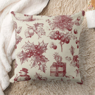 Coussin Toile de Noël Rouge Vintage Botanique - Houx