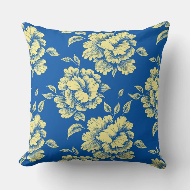 Coussin Toile de pivoine bleu et jaune - Décor champêtre f (Recto)