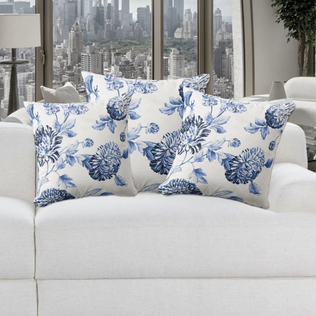 Coussin Toile fleurie bleu et blanc Périwinkle n° 2 (Créateur téléchargé)