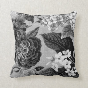Coussin Toile floral botanique gris noir et blanc No.1
