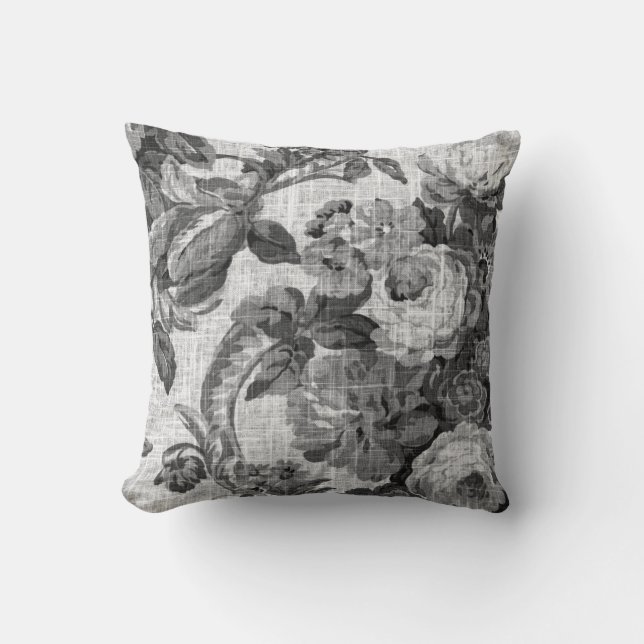 Coussin Toile floral botanique gris noir et blanc No.5 (Recto)