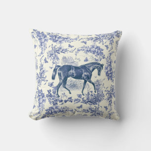 Coussin Toile florale élégante vintage bleu blanc cheval