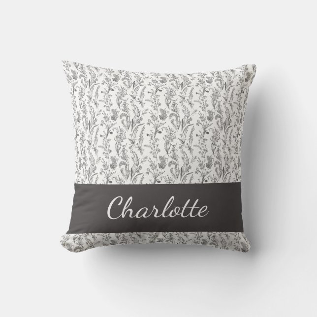 Coussin Toile Florale Noir Blanc Nom Personnalisé (Recto)