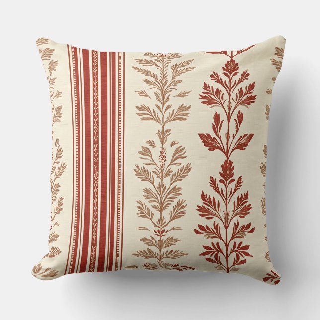 Coussin Toile Florale Terracotta Rustique Rayures Crème (Recto)