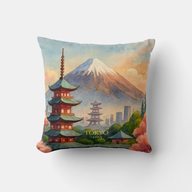 Coussin Tokyo Japan Cityscape Watercolor Souvenir (Recto)