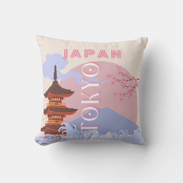 Coussin Tokyo Japon Voyage Art, Art de voyage rétro, Rose (Recto)