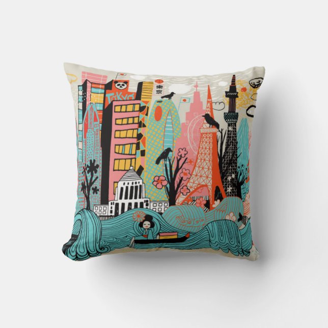 Coussin Tokyo tirée par la main Japon (Recto)