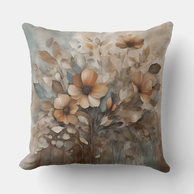 Coussin Tons de sarcelle orange beige Fleur florale sauvag (Recto)