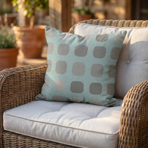 Coussin Tons Gris Carrés Arrondis Motif Sur Turquoise Clai