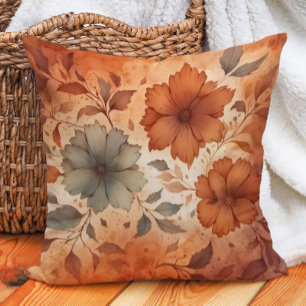 Coussin Tons Terre Chaude Fleurs Gris Terre Cuite
