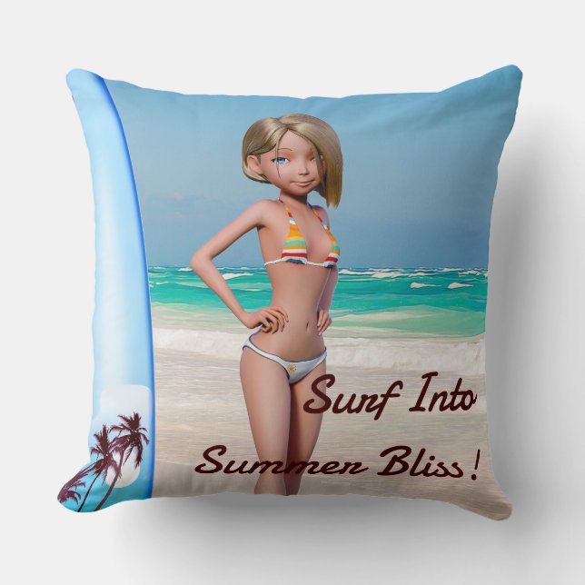 Coussin Toon Surfer Girl Posing sur le bord de mer (Recto)