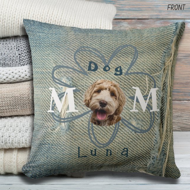 Coussin Torn Blue Denim Jeans Trou et chien (This is the perfect custom gift for mom! She will love this throw featuring her favorite dog!)