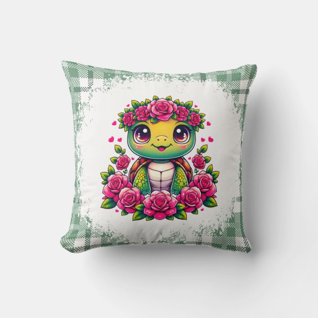 Coussin Tortue adorable avec couronne florale (Recto)