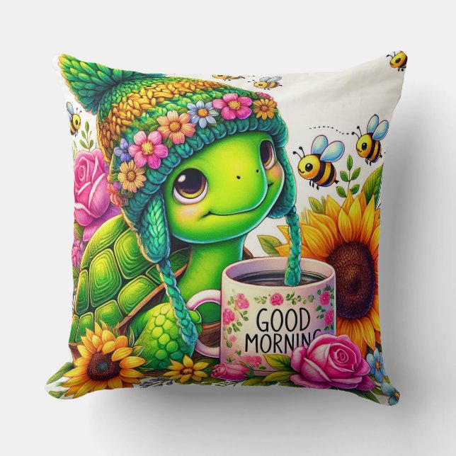 Coussin Tortue Adorable avec Tasse (Recto)