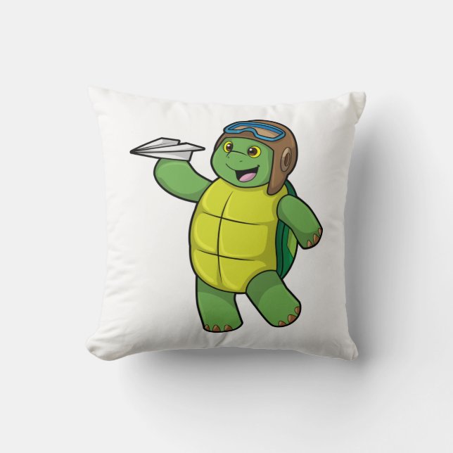 Coussin Tortue comme pilote avec avion en papier (Recto)