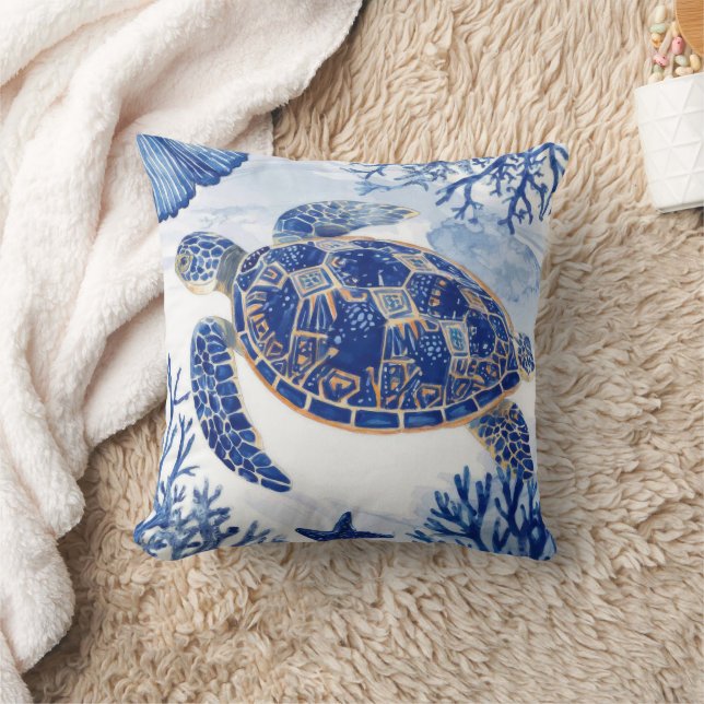Coussin Tortue de mer à l'aquarelle Océan Bleu (Couverture)