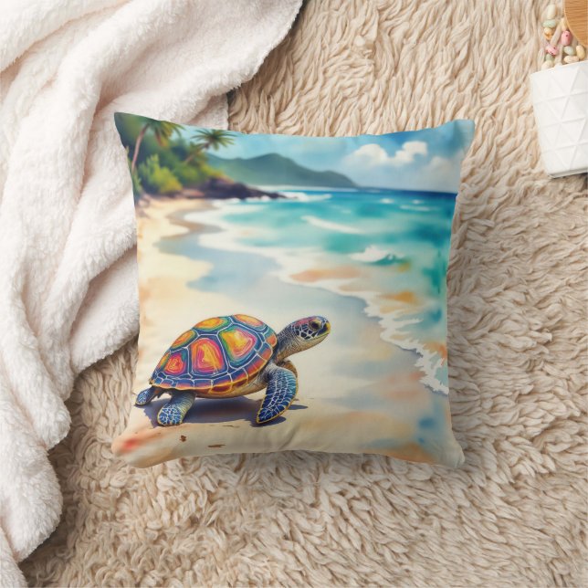 Coussin Tortue de mer à l'aquarelle sur une plage (Couverture)