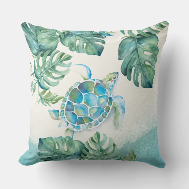 Coussin Tortue de mer aquarelle unique sur feuilles de pal (Recto)