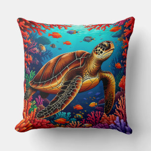 Coussin Tortue de mer et récif de corail vibrant