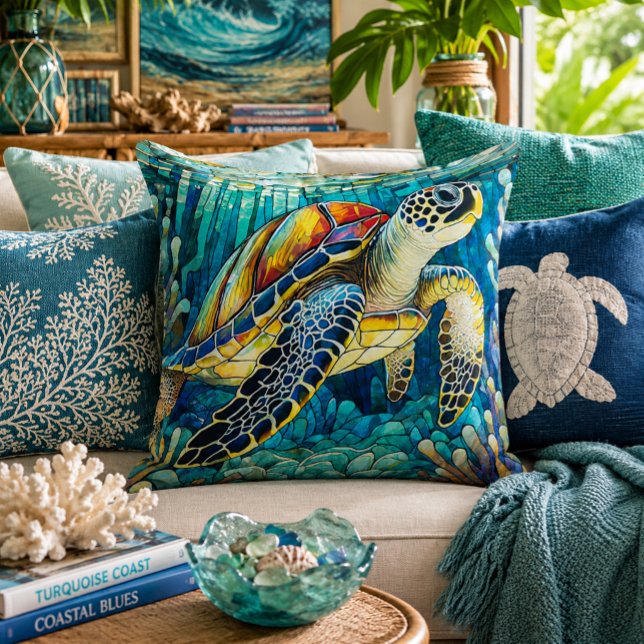 Coussin Tortue de mer honu de style vitrail (Créateur téléchargé)